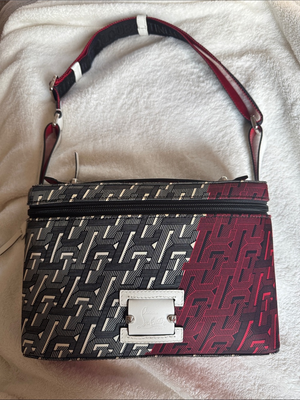 Christian Louboutin Red, Black & White Logo Jacquard Crossbody Bag